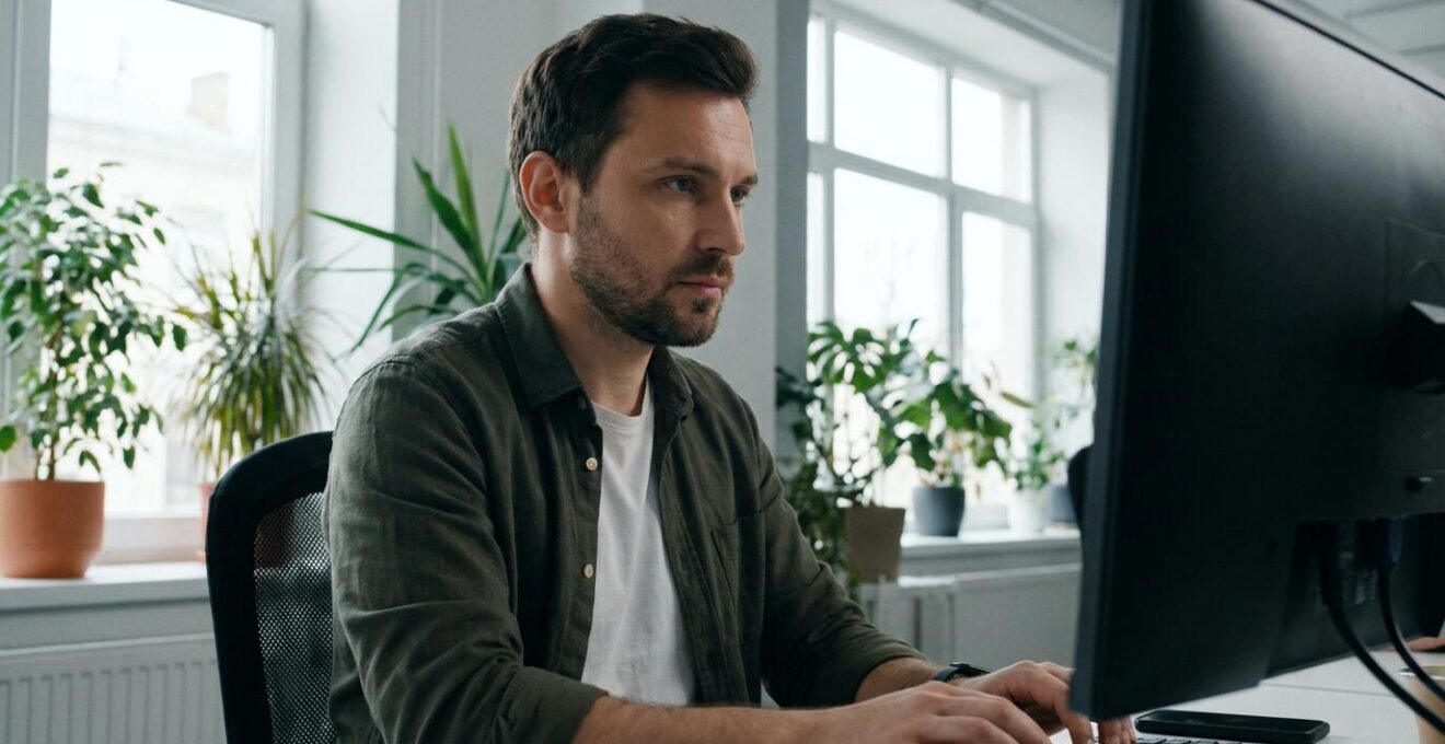 Développeur web créant un site sur mesure dans un espace de coworking lumineux