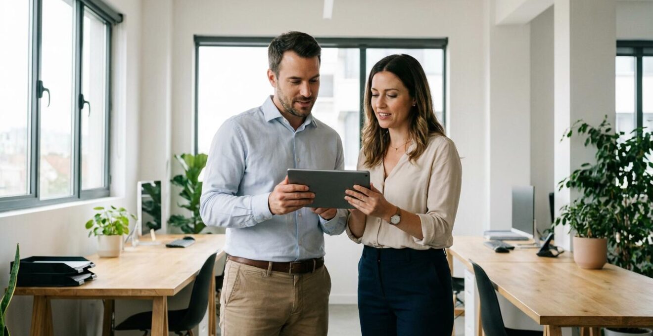 Deux professionnels collaborant sur un projet de site internet sur tablette