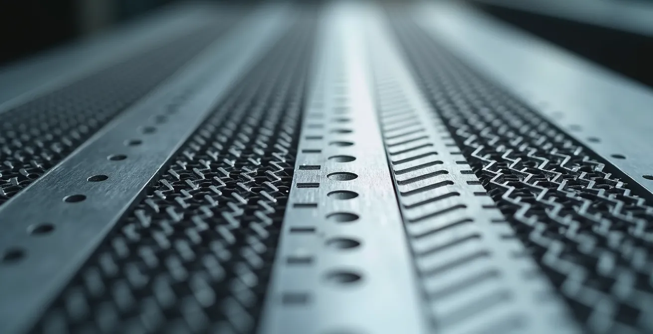 Vue macro détaillée de surfaces métalliques gravées avec motifs géométriques abstraits