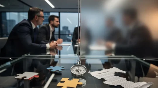 Scène de bureau moderne montrant des signaux d'alerte subtils dans une négociation avec une agence web