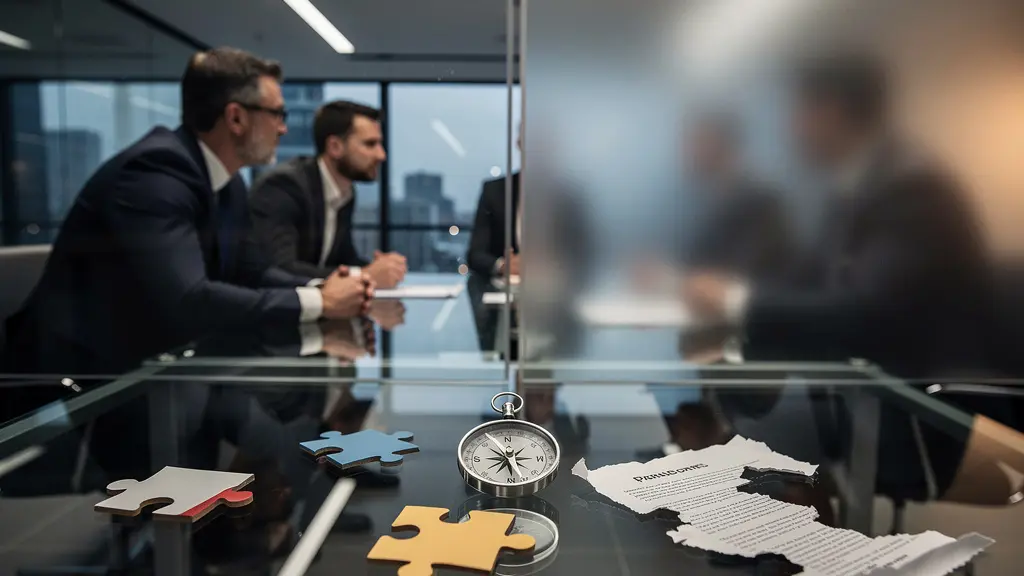 Scène de bureau moderne montrant des signaux d'alerte subtils dans une négociation avec une agence web