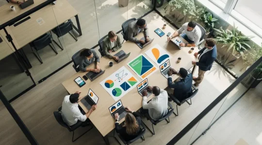Vue aérienne d'un bureau moderne avec plusieurs écrans affichant des graphiques colorés et une équipe en discussion stratégique
