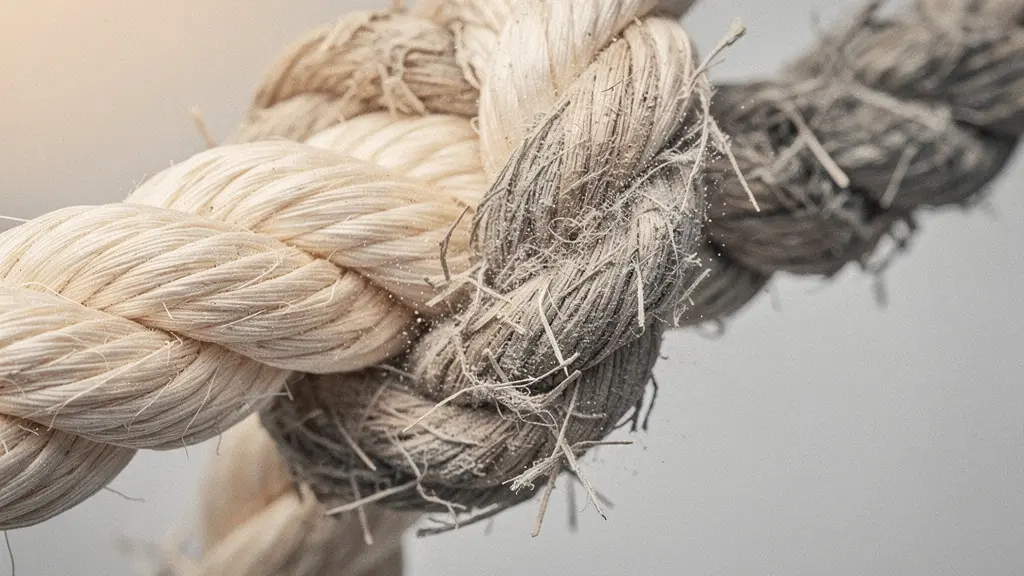 Gros plan macro sur des fils entremêlés, opposant textures saines et abîmées, métaphore de liens naturels vs toxiques.