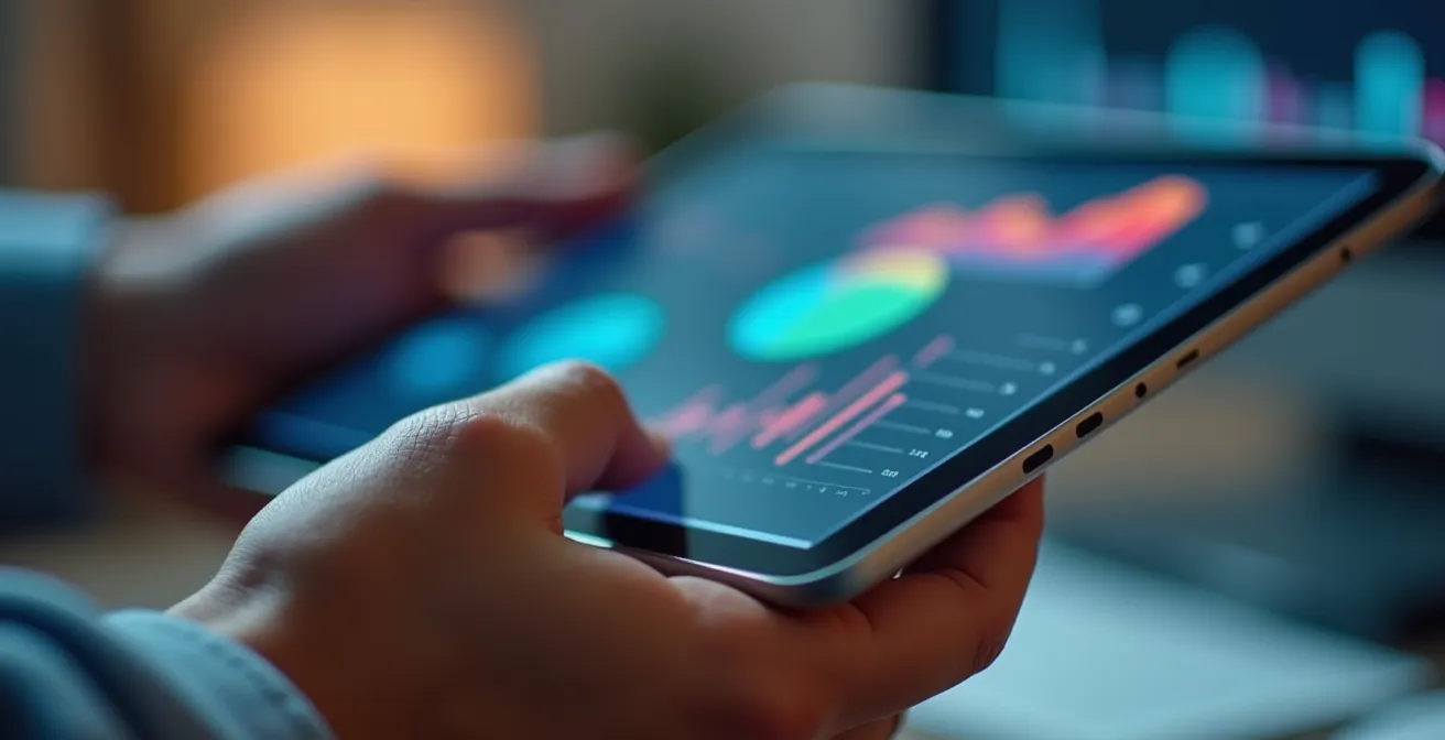 Gros plan d'une main tenant une tablette avec des graphiques colorés flous à l'écran