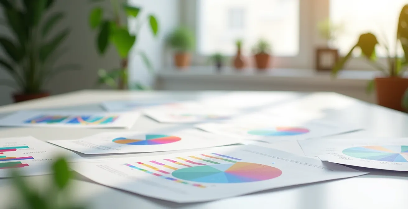 Espace de travail avec graphiques et données colorées représentant l'analyse statistique