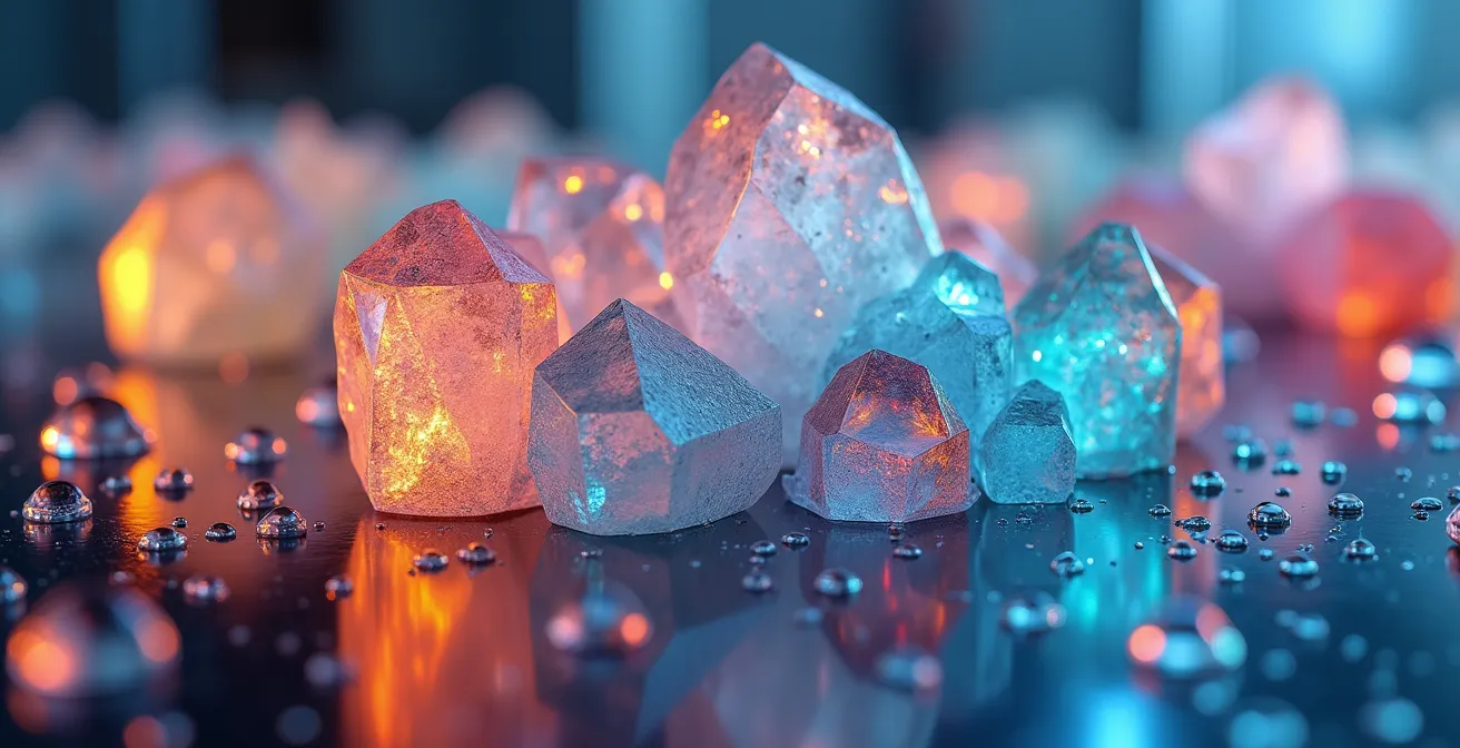 Vue macro détaillée d'une analyse de qualité de base de données email représentée par des structures cristallines colorées