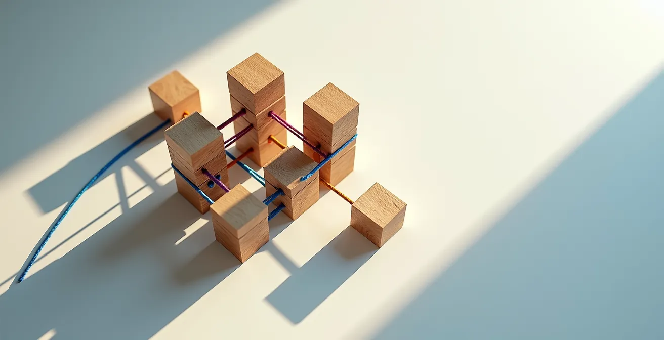 Vue abstraite d'une structure d'information organisée avec des chemins clairs et des connexions logiques