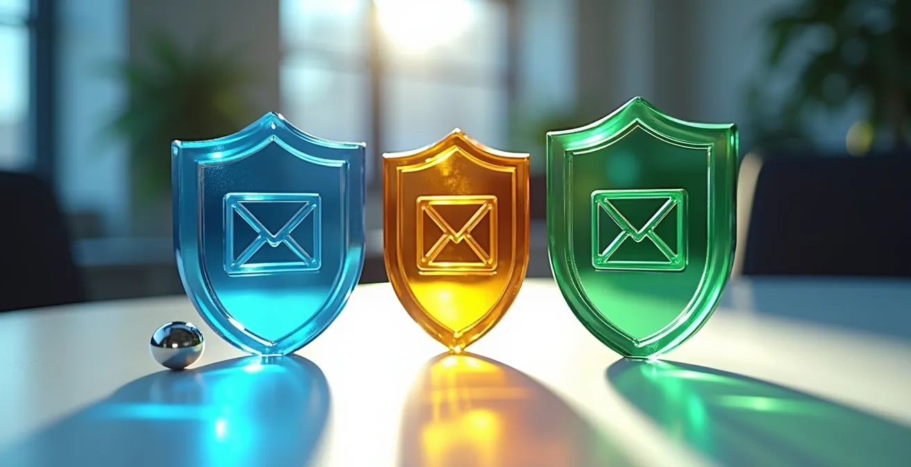 Métaphore visuelle de l'architecture de protection email avec SPF, DKIM et DMARC représentée par trois couches de sécurité