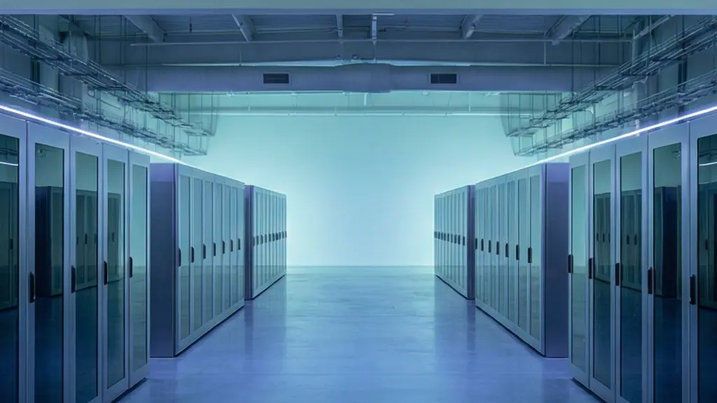 Vue d'ensemble minimaliste d'une infrastructure serveur moderne avec espaces négatifs