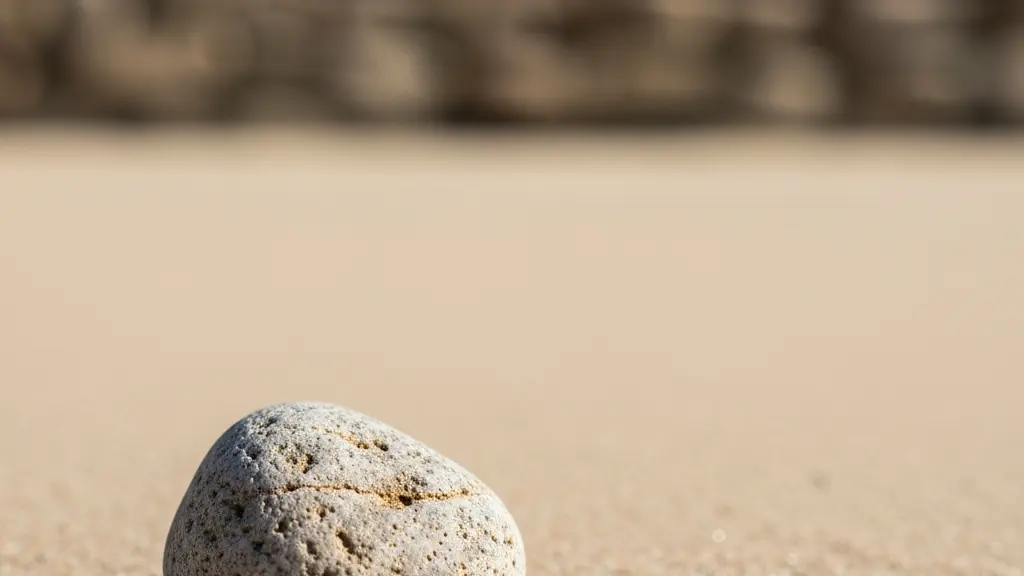 Macro-photographie d'une pierre isolée posée sur un sol sableux, contrastant avec un mur de pierres parfaitement assemblées en arrière-plan flou