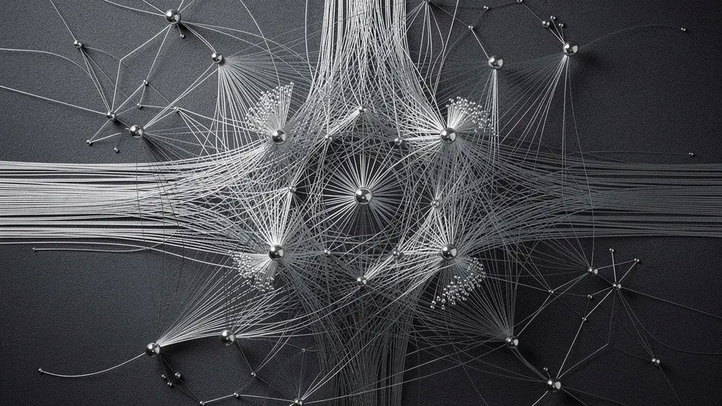 Vue symbolique d'une architecture de site web complexe représentée par un réseau de fils lumineux interconnectés dans un espace sombre et épuré