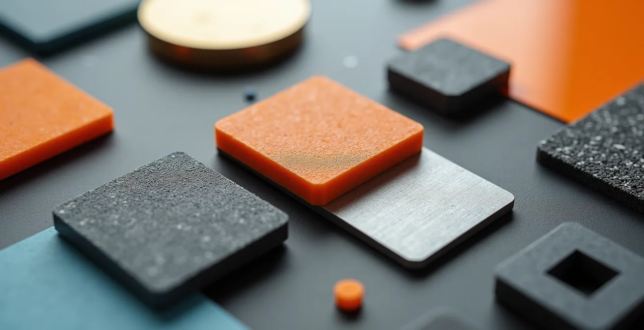 Macro détaillée d'éléments créatifs modulaires s'assemblant automatiquement pour former différentes compositions publicitaires