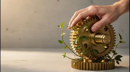 Main posee sur un engrenage metallique entrecroise avec une branche vegetale vivante, symbolisant l'equilibre entre automatisation et humanite dans la qualification des leads