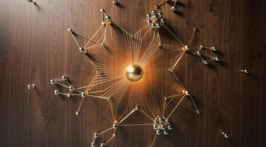 Reseau lumineux de fils interconnectes convergeant vers un point central brillant, symbolisant la construction de l'autorite thematique en SEO