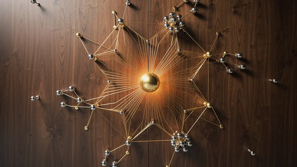 Reseau lumineux de fils interconnectes convergeant vers un point central brillant, symbolisant la construction de l'autorite thematique en SEO