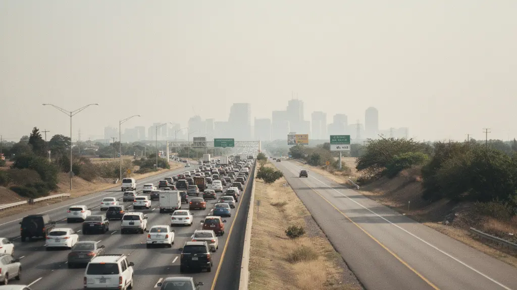 Route secondaire quasi vide parallèle à une autoroute chargée, menant vers la même silhouette de ville au loin, illustrant un levier publicitaire moins concurrentiel.