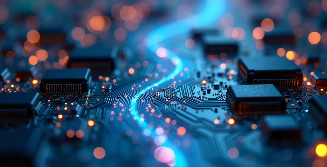 Vue macro de circuits électroniques en cascade avec flux de données symboliques s'enrichissant à chaque étape