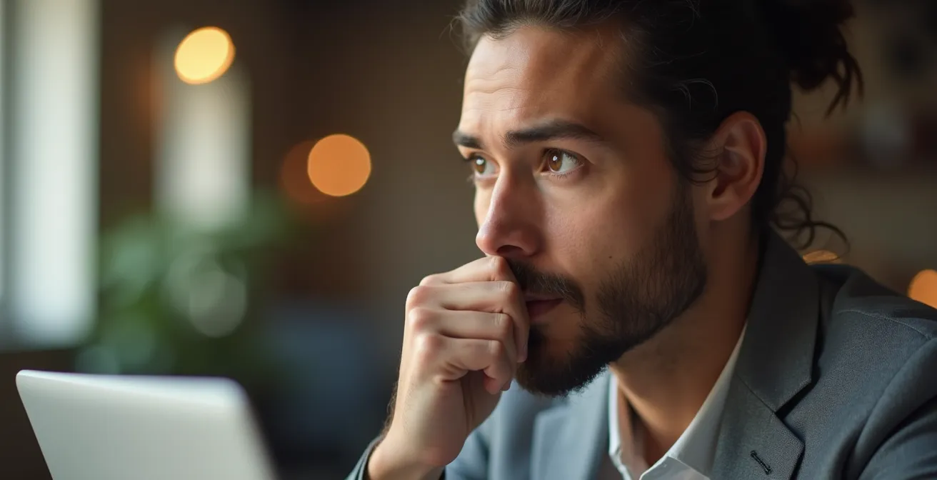 Portrait rapproché d'un professionnel réfléchissant devant son ordinateur portable fermé
