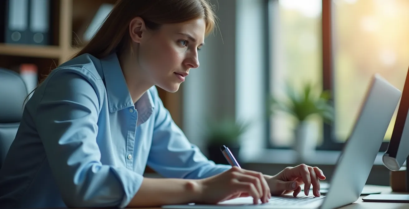 Personne travaillant sur ordinateur avec emails professionnels flous en arrière-plan