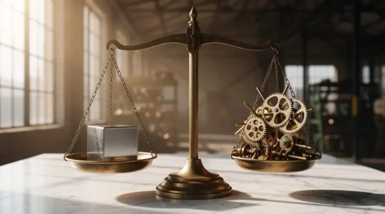 Balance symbolique entre deux architectures e-commerce representant le choix strategique pour les entreprises en croissance