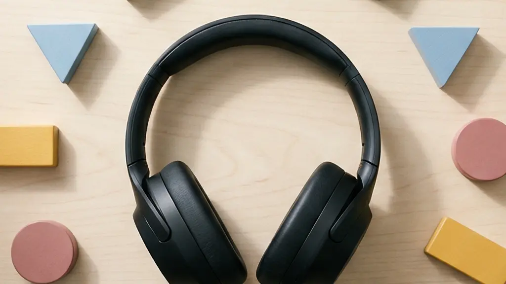 Vue en plongée d'un plan de travail minimaliste avec un casque audio et plusieurs petits objets colorés disposés en éventail, symbolisant la fragmentation d'un contenu unique en multiples formats