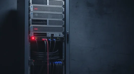 Salle serveur vide avec un voyant rouge clignotant, symbolisant l'indisponibilité critique pour une PME en croissance