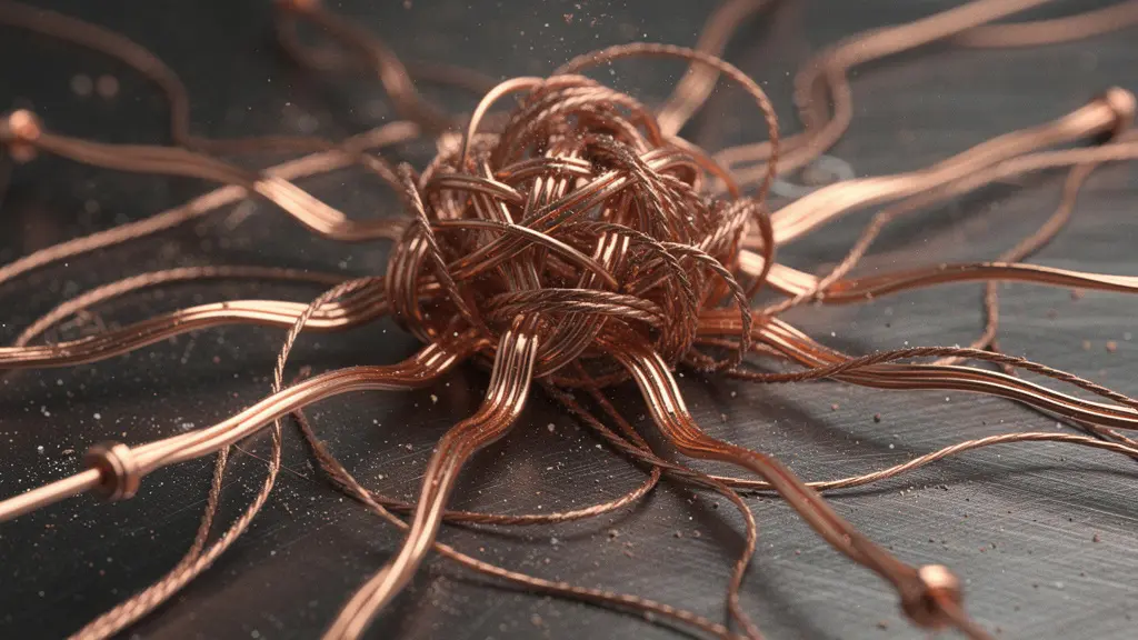 Gros plan macro sur des fils de cuivre emmêlés symbolisant le gaspillage de budget de crawl par des pages inutiles sur un site volumineux