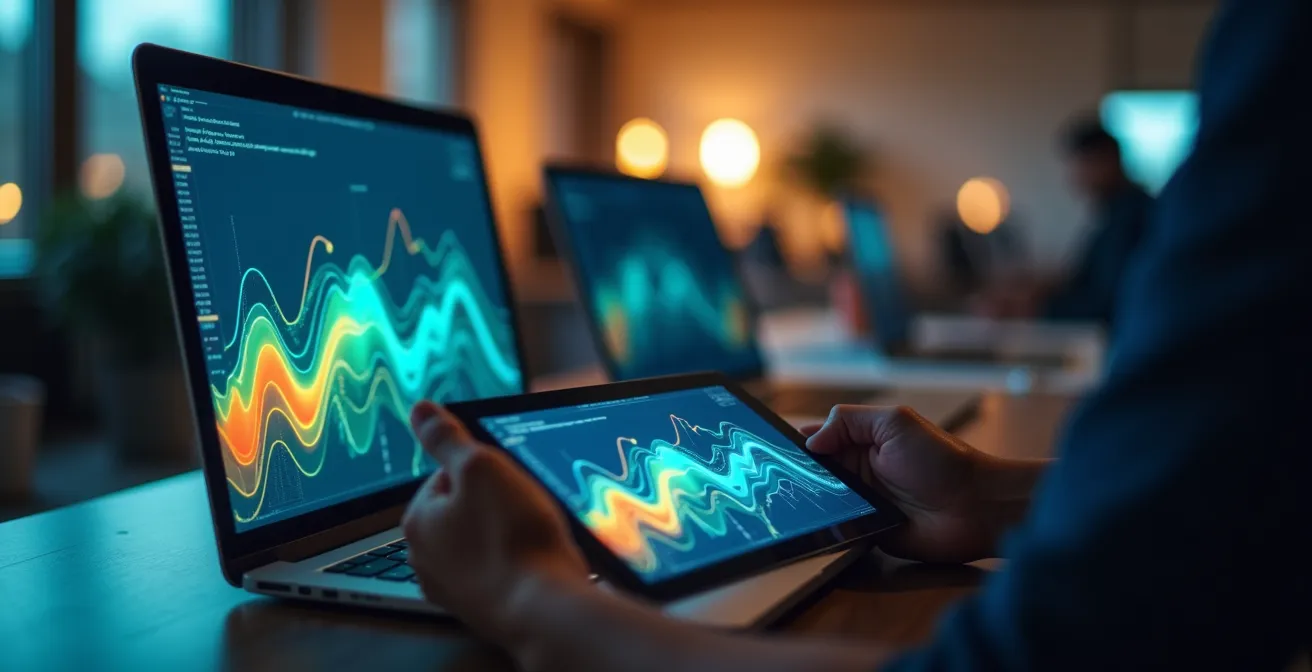Dashboard d'analyse de test A/B montrant des courbes de performance sur plusieurs cycles