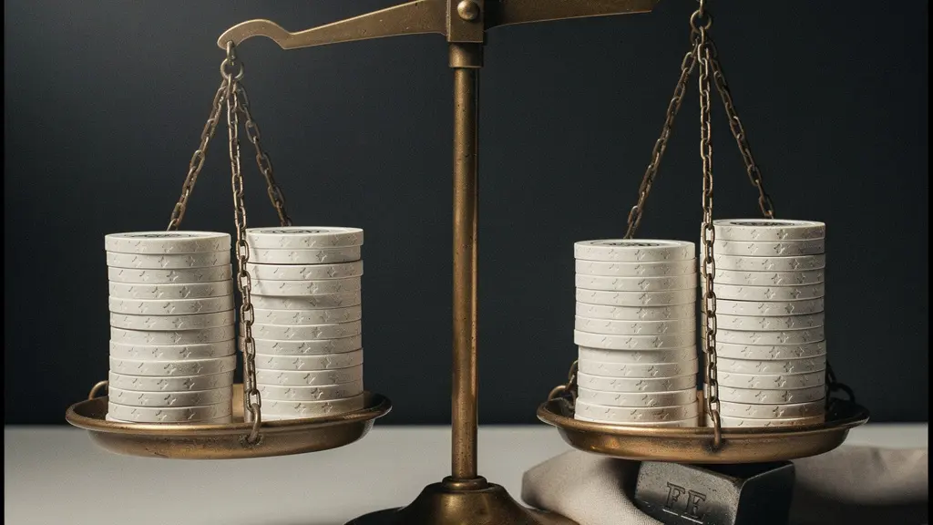 Balance ancienne avec deux piles de jetons anonymes, dont une est alourdie par un poids caché sous un tissu, metaphorisant une enchere au second prix et un seuil de reserve invisible.