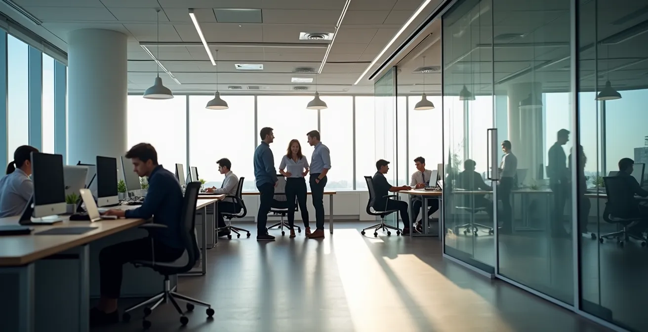 Vue large d'un open space moderne avec plusieurs postes de travail et employés en discussion