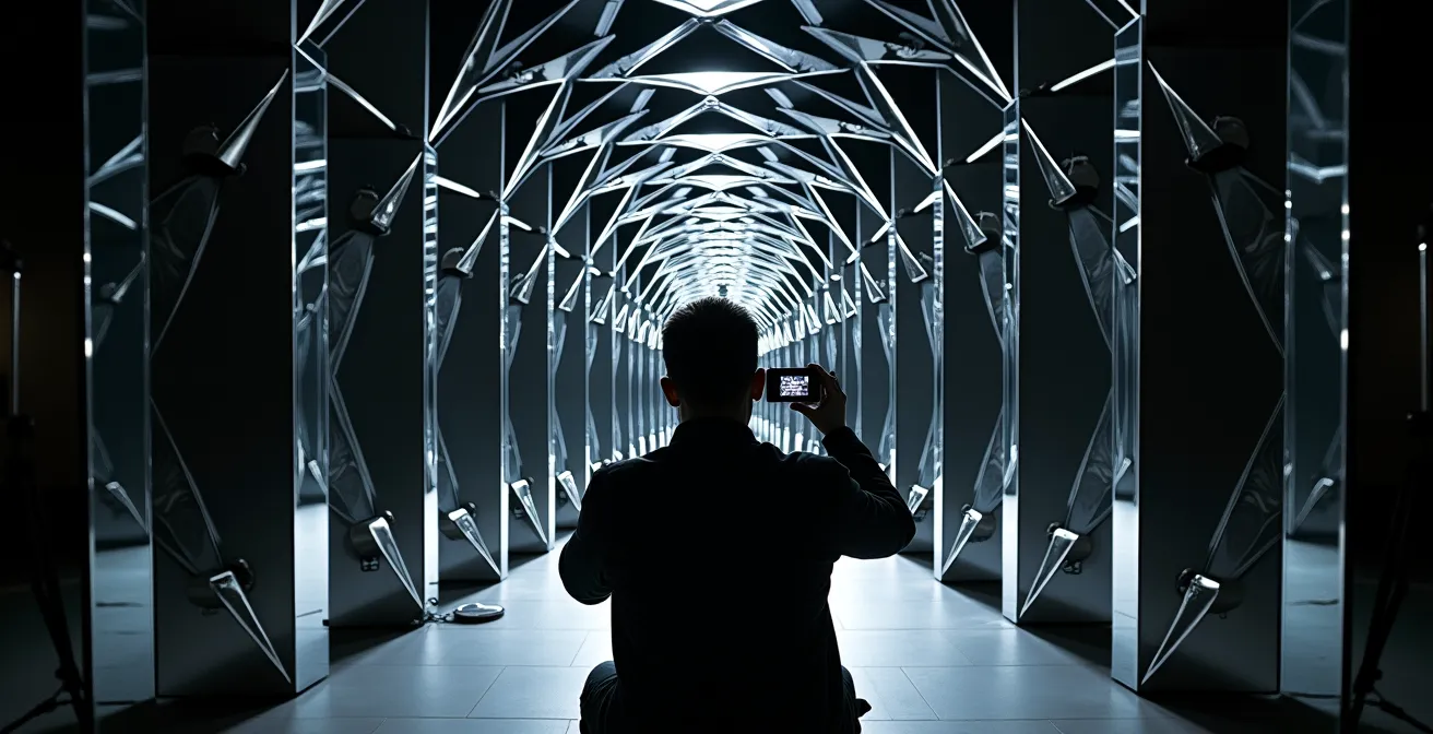 Photographe en studio capturant un kaléidoscope infini de miroirs créant des reflets fractals géométriques