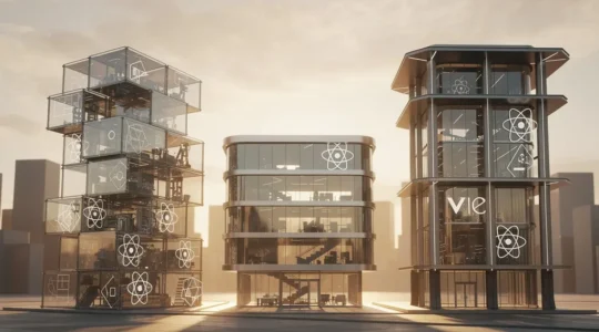 Comparaison visuelle métaphorique des trois frameworks JavaScript avec des architectures représentatives