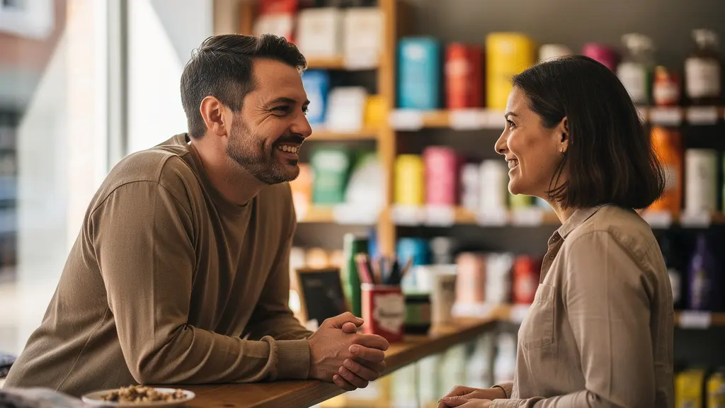 Propriétaire de commerce en discussion chaleureuse avec client dans boutique locale