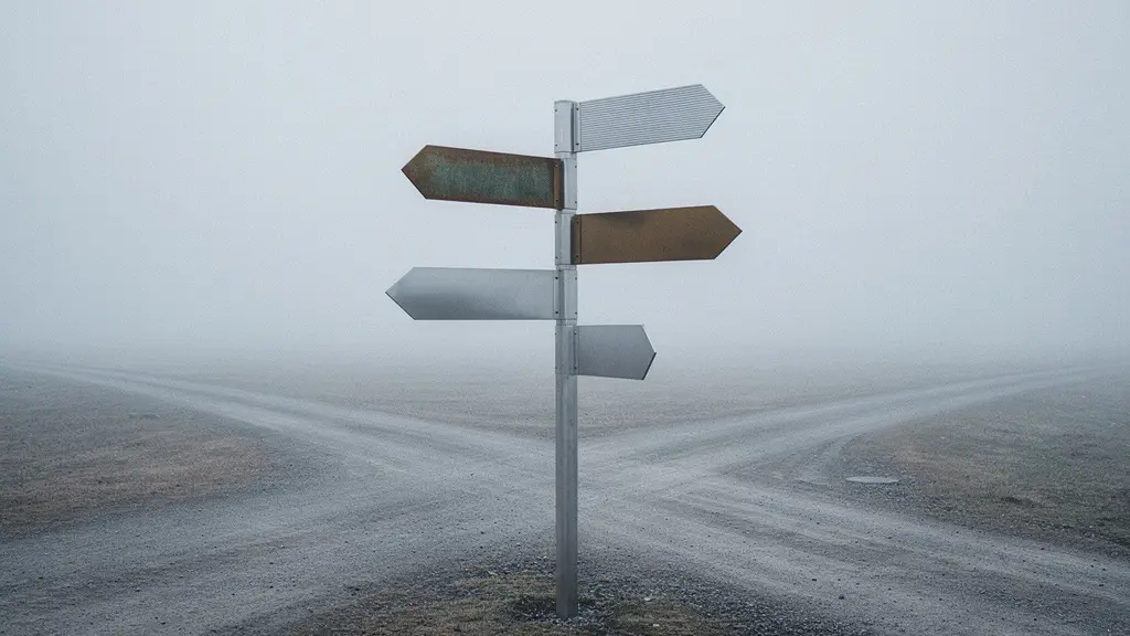 Panneaux directionnels abstraits pointant dans des directions opposées, symbolisant les signaux hreflang contradictoires envoyés aux moteurs de recherche