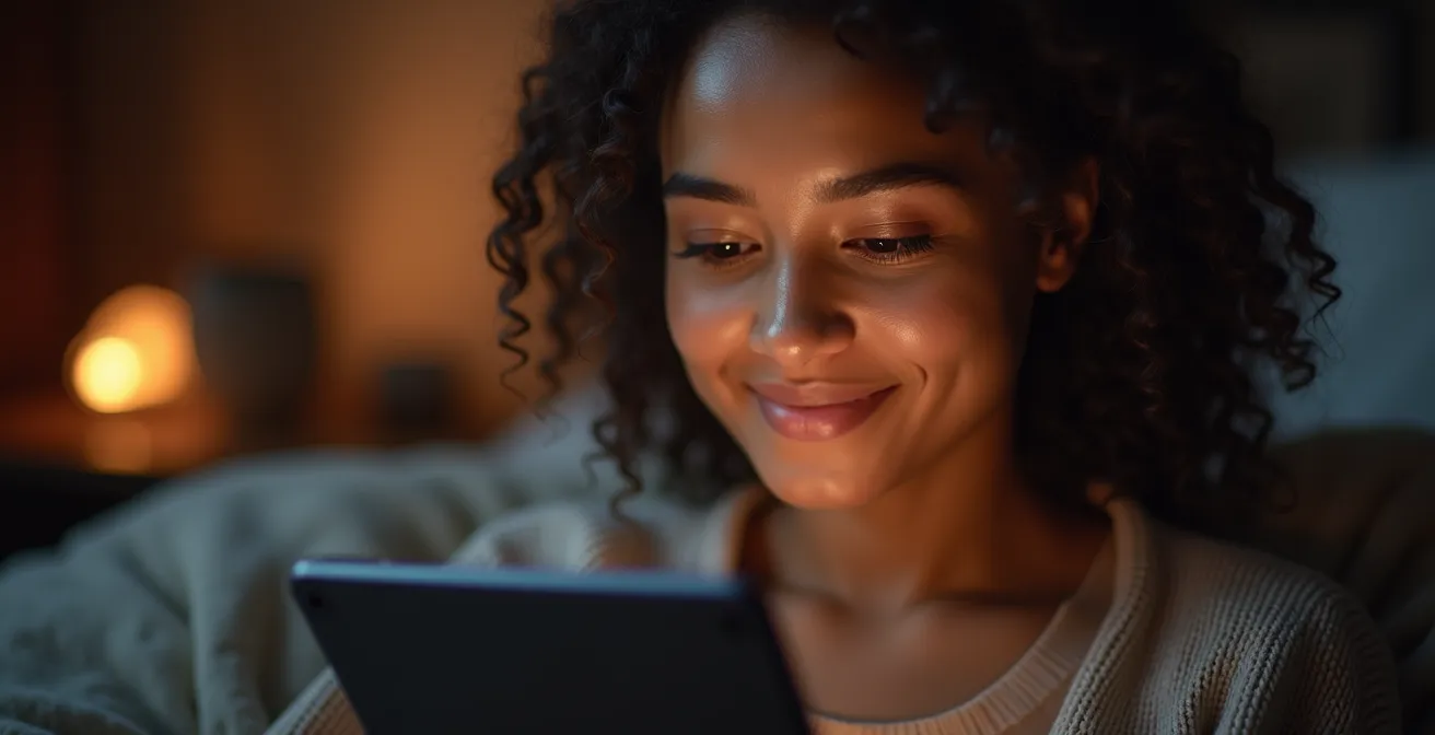 Personne concentrée lisant sur une tablette dans un environnement calme et minimaliste