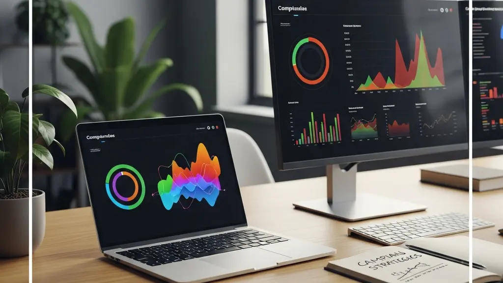 Vue d'ensemble d'un dashboard analytique moderne sur écran d'ordinateur avec graphiques de performance publicitaire