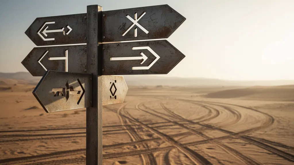 Panneaux directionnels multiples pointant vers différentes solutions dans un environnement abstrait