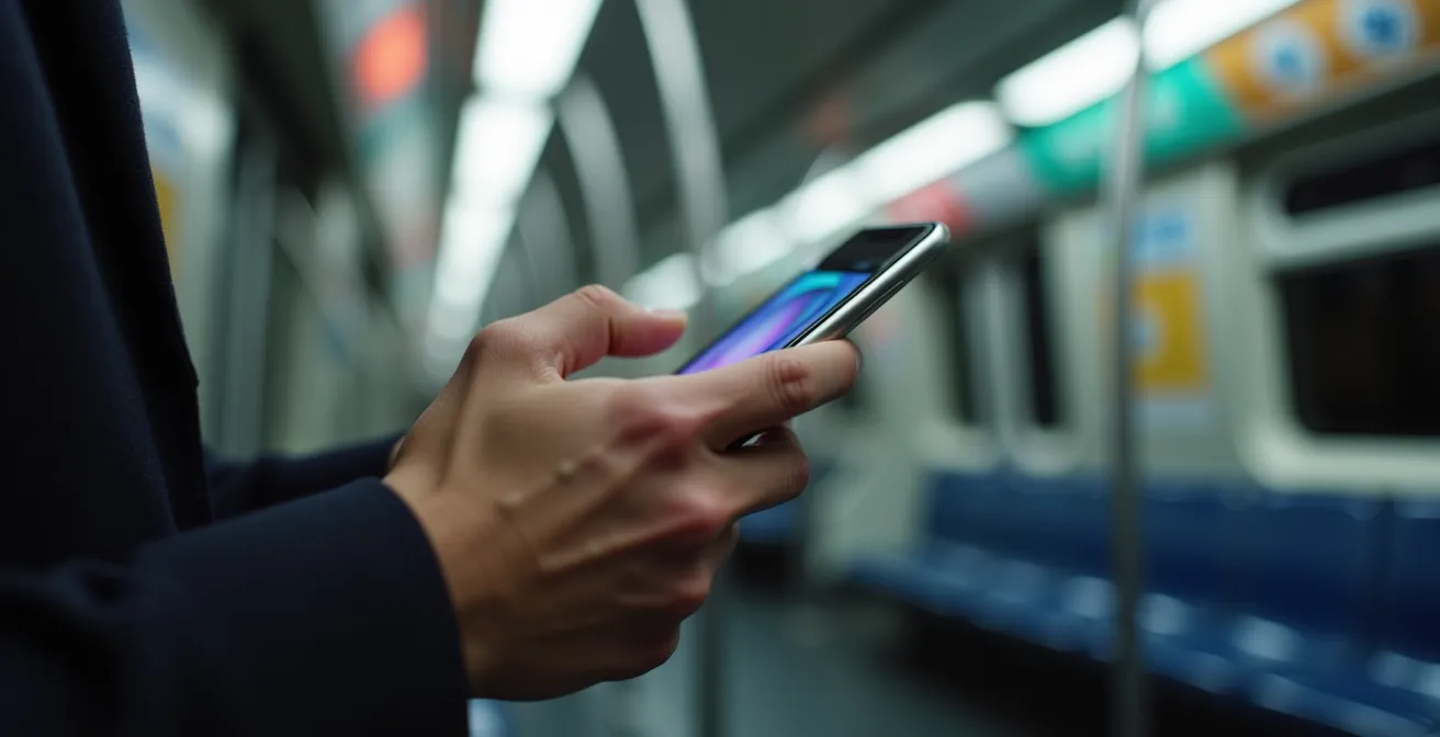 Passager consultant son smartphone dans le métro parisien avec une interface de PWA visible