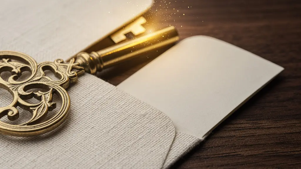 Enveloppe ouverte avec une cle doree symbolisant le lien magique de migration de compte client e-commerce