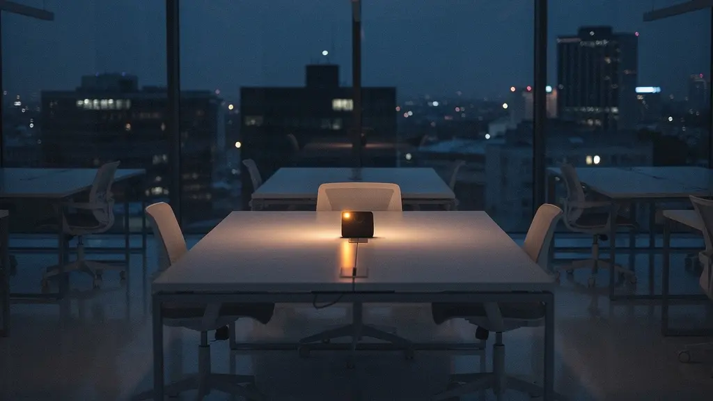 Bureau vide la nuit avec une lumière d'alerte ambrée se reflétant sur une surface de travail, évoquant la surveillance proactive silencieuse
