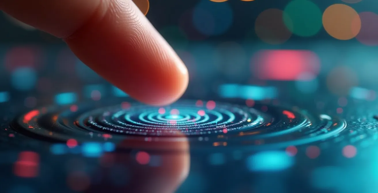 Vue macro d'une main interagissant avec une interface de calculatrice abstraite