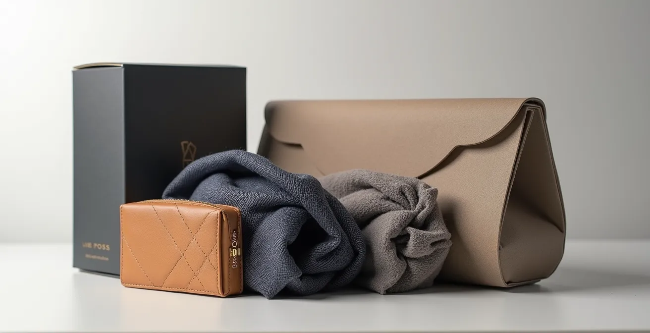 Composition minimaliste montrant la texture de quelques produits de haute qualité, évoquant un catalogue sélectif.