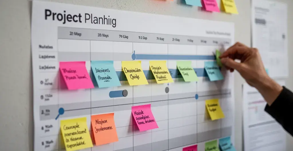 Planning projet web avec post-its colorés représentant les étapes de création de contenu