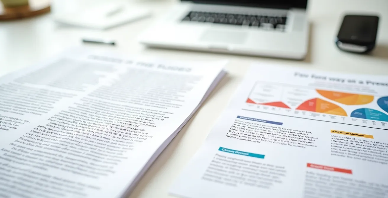 Document papier transformé en infographie colorée avec icônes et flèches simplifiées