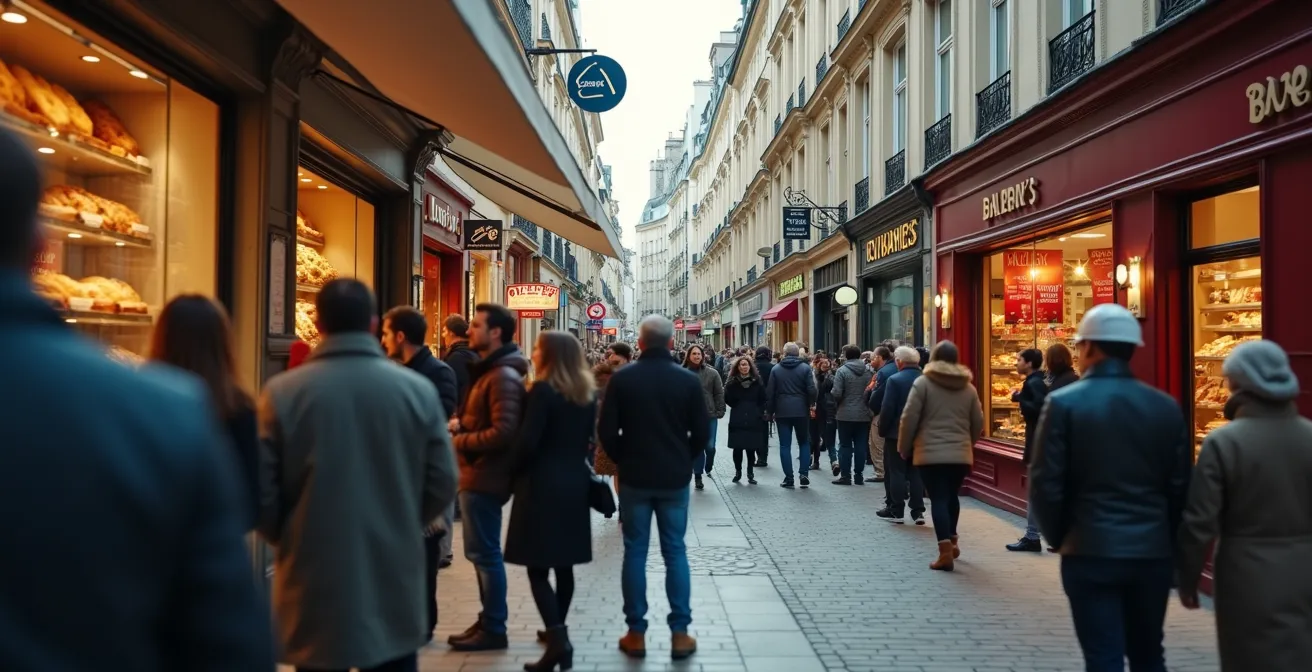 Comparaison visuelle entre la file d'attente d'une boulangerie (preuve sociale) et un magasin vide en soldes.