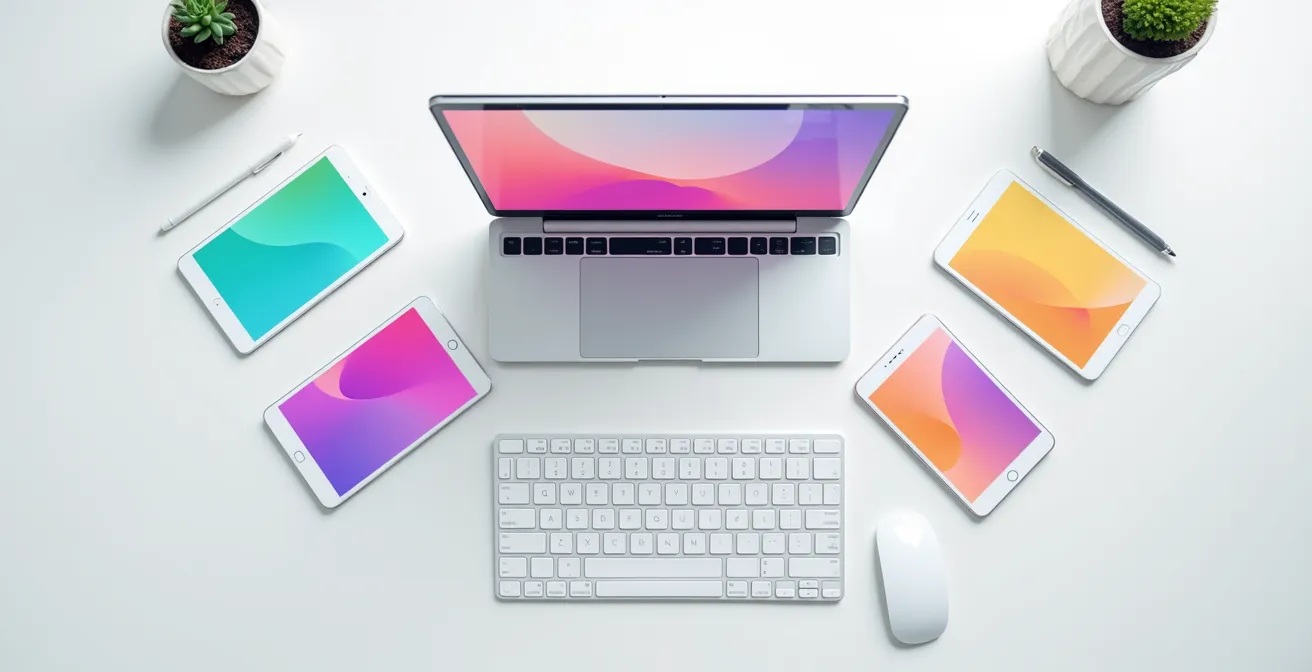 Vue large d'un espace de travail moderne minimaliste avec plusieurs appareils montrant des interfaces colorées