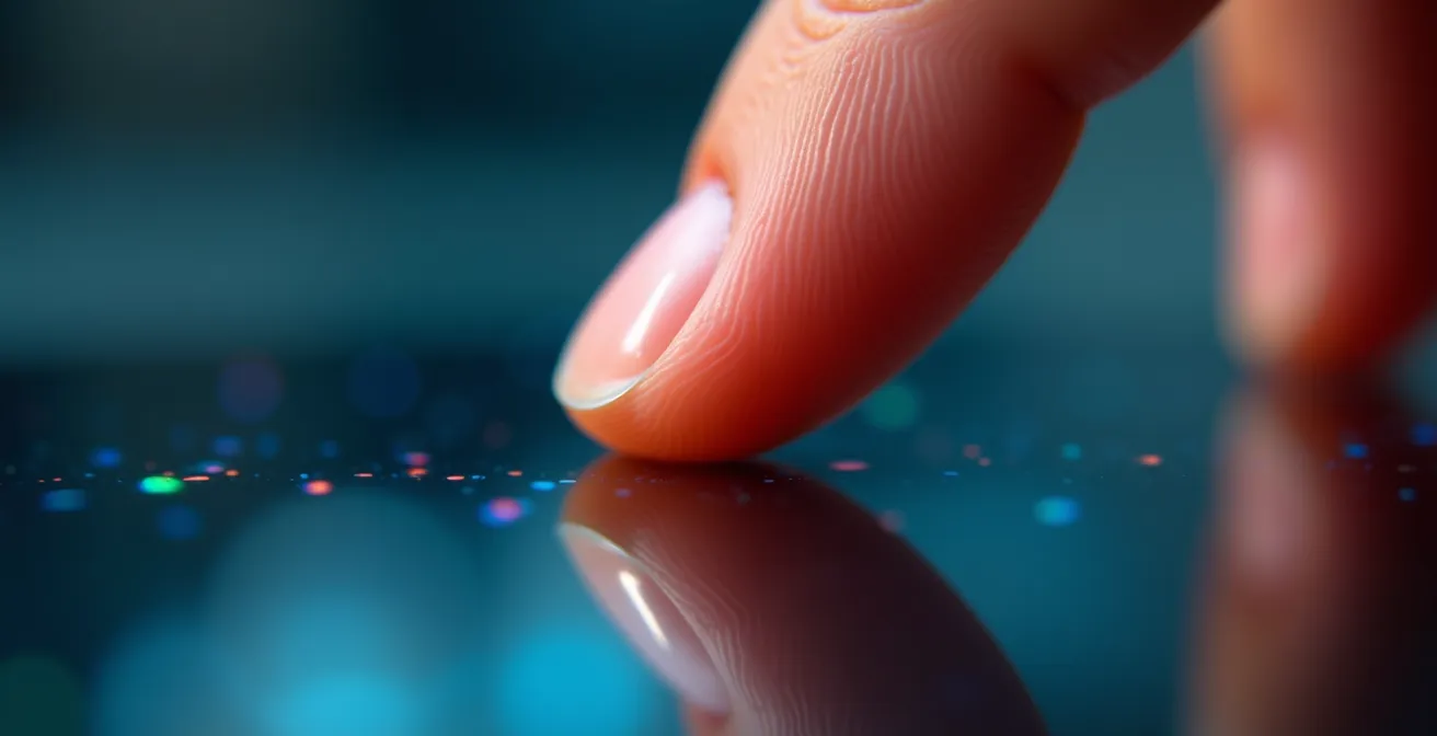 Vue macro détaillée d'un doigt approchant d'une surface interactive