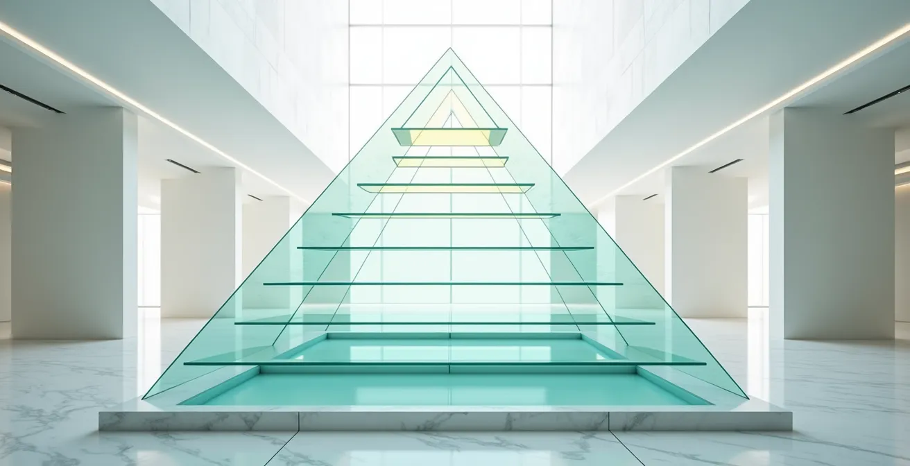 Pyramide moderne en verre avec niveaux représentant l'évolution des métriques de lead vers client