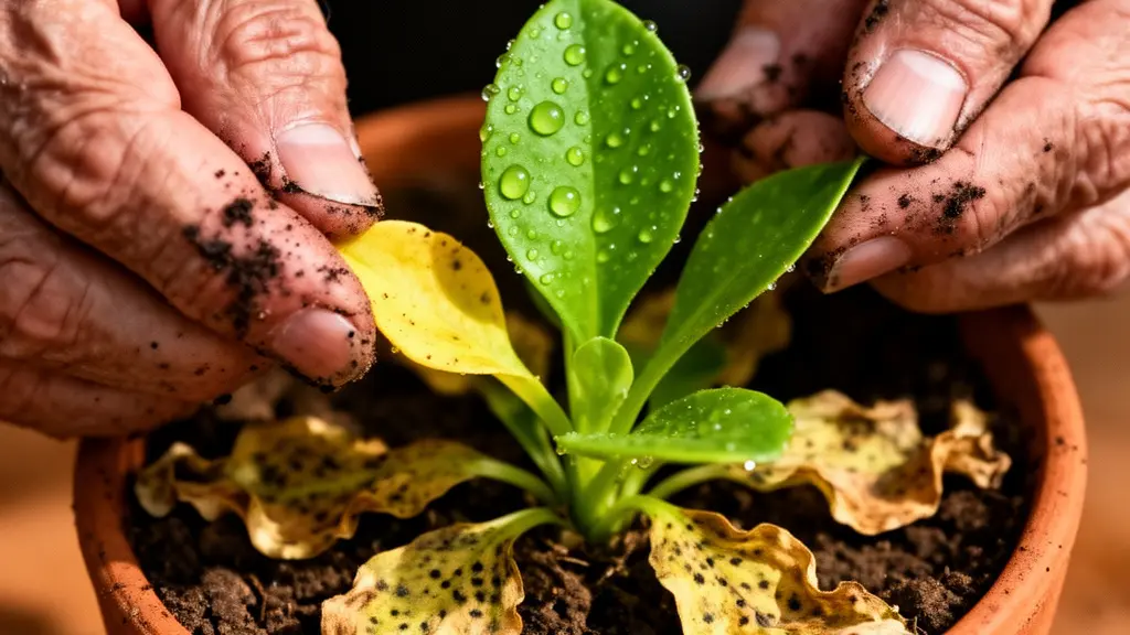 Gros plan sur des mains soignant une plante avec de nouvelles pousses vertes parmi des feuilles anciennes, symbolisant le rafraichissement de contenu SEO