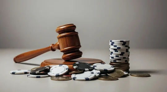 Nature morte editoriale avec un marteau d'encheres, des jetons anonymes et des pieces, suggerant une bataille d'encheres et l'optimisation du cout par clic, avec un grand espace vide pour un titre.